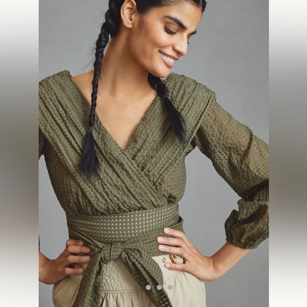 Anthropologie Olive Green Textured Wrap Blouse with Tie Waist